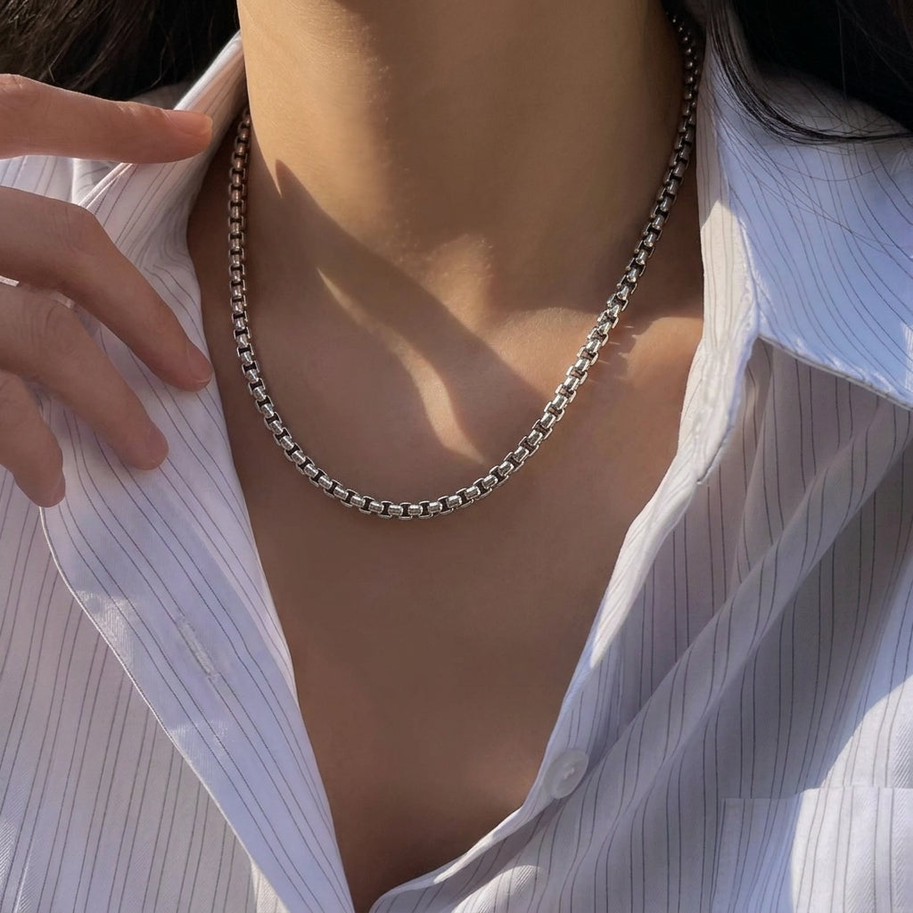 Hip Hop Square Pearl Link Stainless Steel Necklace With Magnetic Clasp