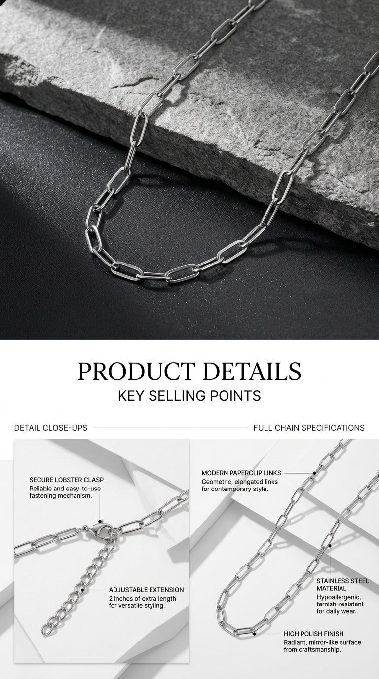 Hip Hop Long Clasp Flat Wire Stainless Steel Necklace