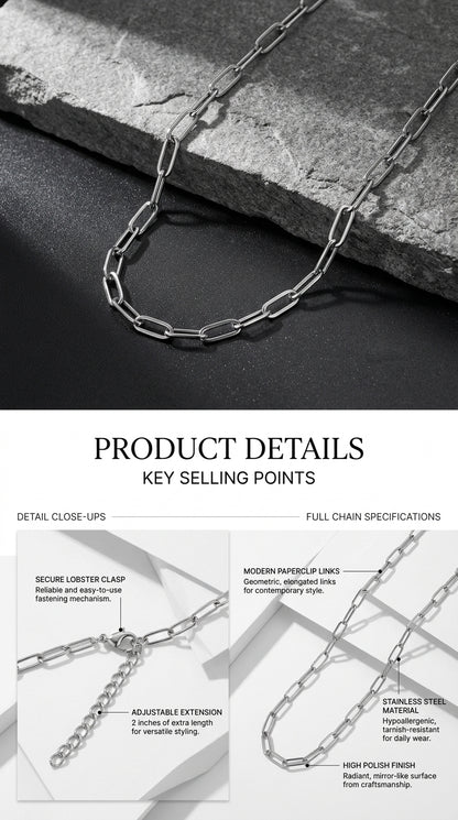 Hip Hop Long Clasp Flat Wire Stainless Steel Necklace