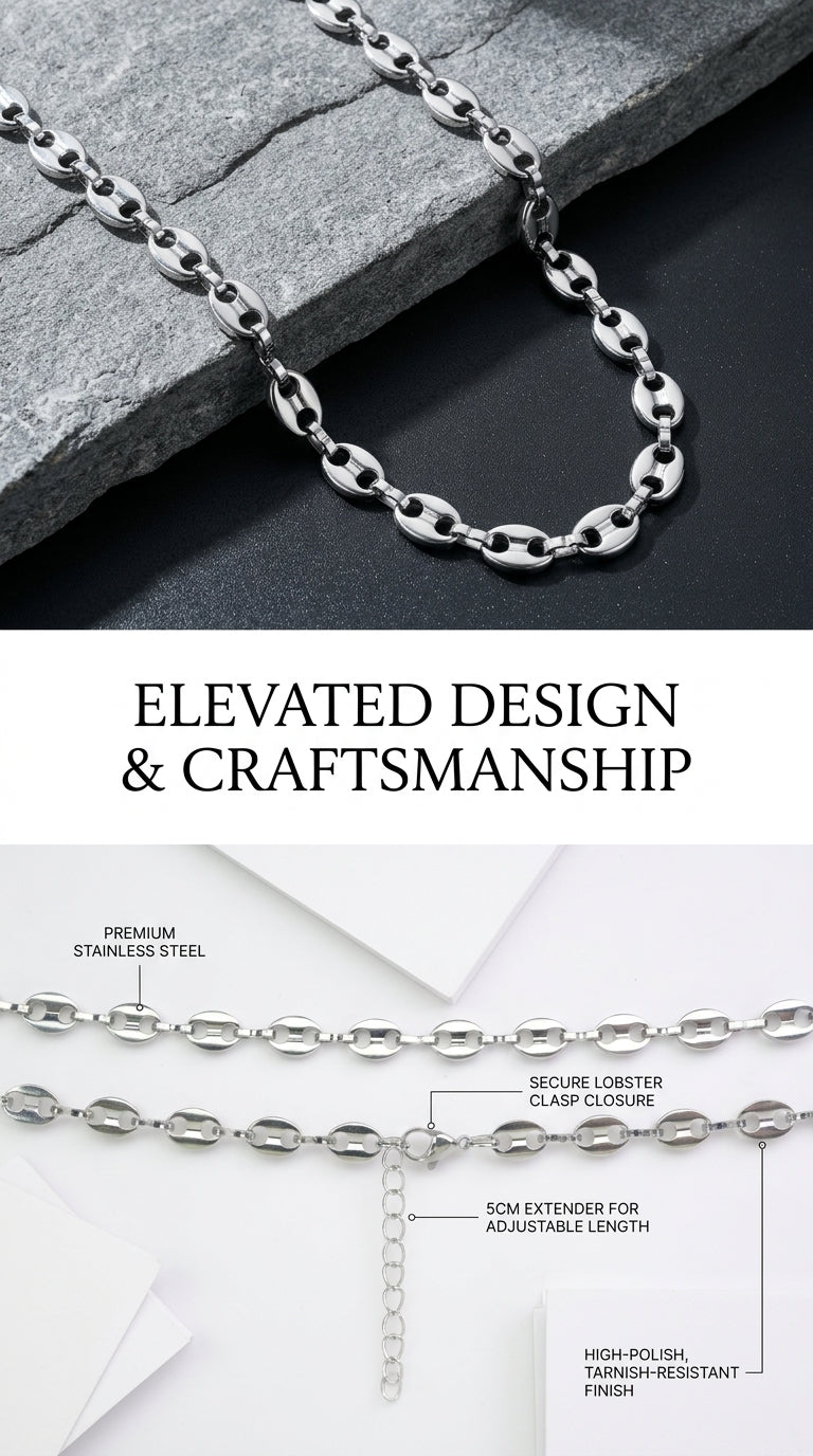 Hip Hop Coffee Bean Chain Stainless Steel Necklace