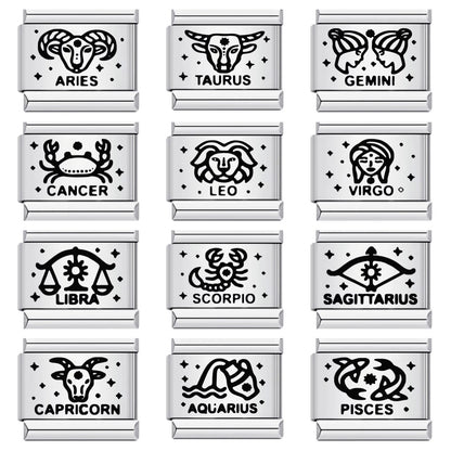 Cross-border hot-selling laser engraved 12 zodiac sign elements stainless steel diy italian modular bracelet bangle accessories