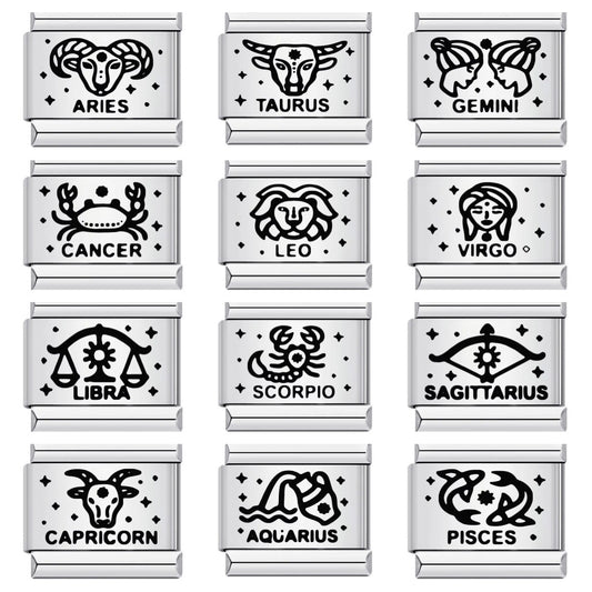 Cross-border hot-selling laser engraved 12 zodiac sign elements stainless steel diy italian modular bracelet bangle accessories