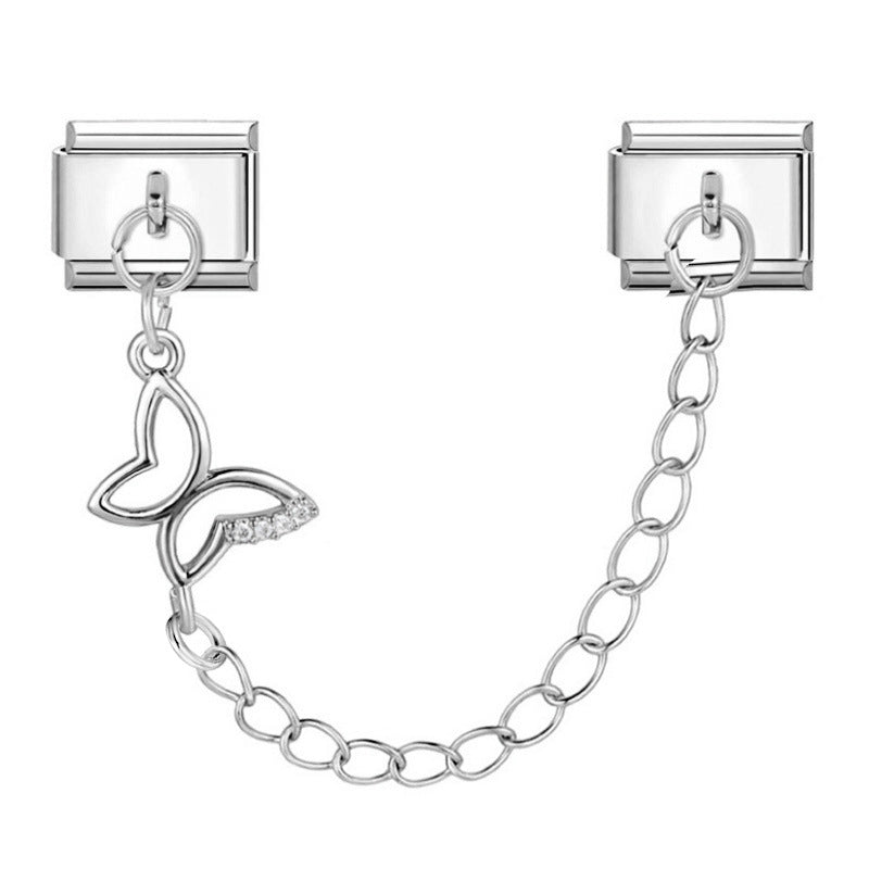 New silver double pendant italian modular bracelet - stainless steel hook diy stretchable link chain