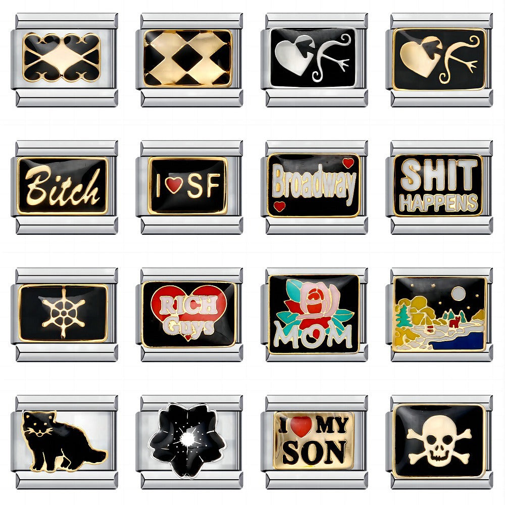 Black gold-plated oil drop cartoon DIY Italian module bracelet, personalized welding pattern stainless steel bracelet