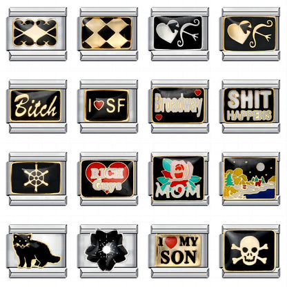 Black gold-plated oil drop cartoon DIY Italian module bracelet, personalized welding pattern stainless steel bracelet