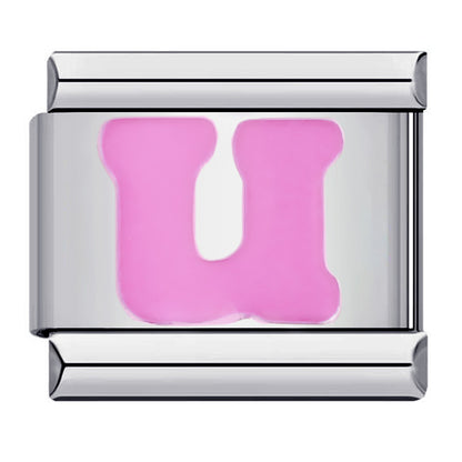Pink Enamel Alphabet Stainless Steel Italian Charm Links