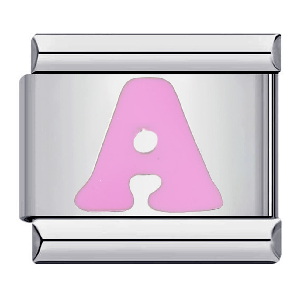 Pink Enamel Alphabet Stainless Steel Italian Charm Links