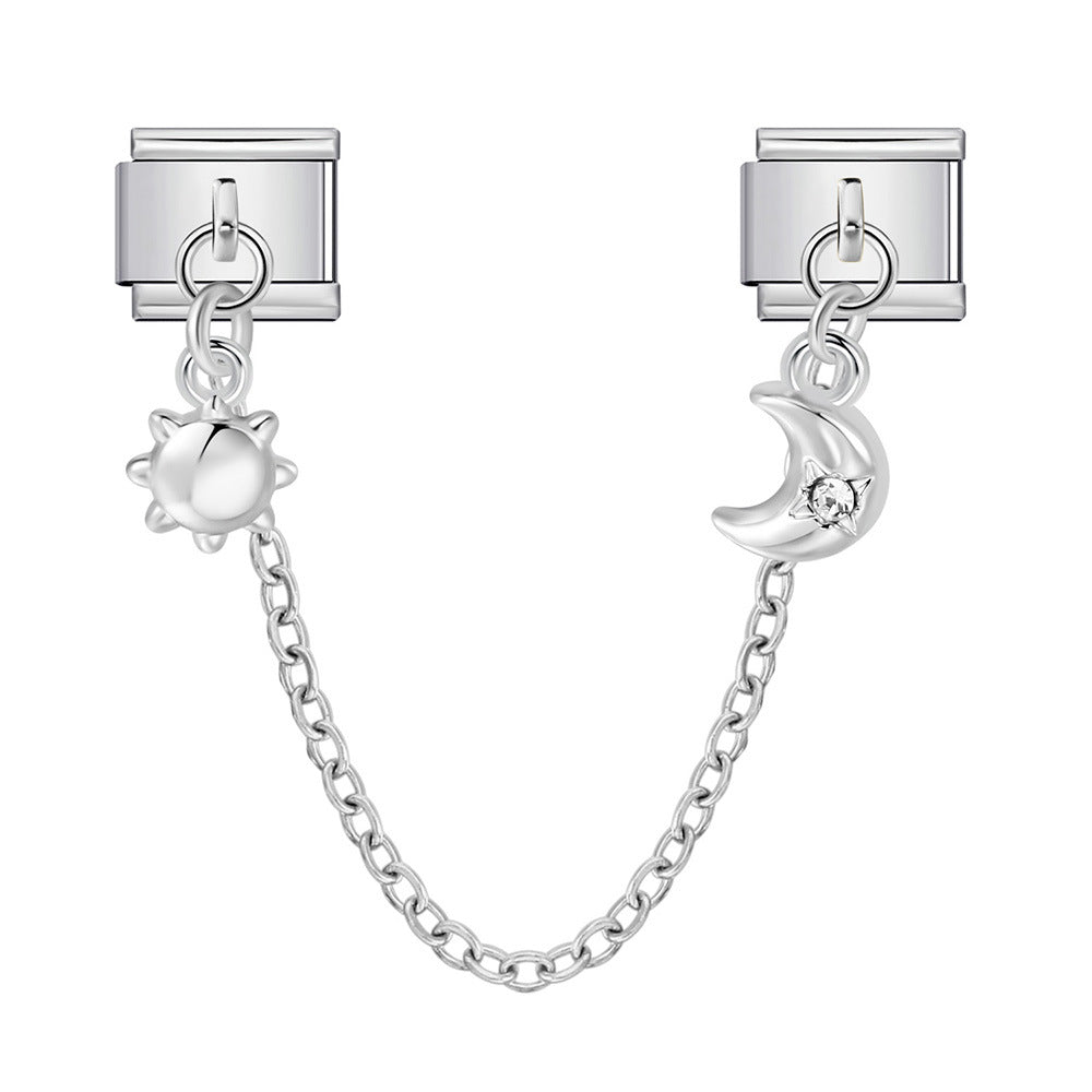 New silver double pendant italian modular bracelet - stainless steel hook diy stretchable link chain