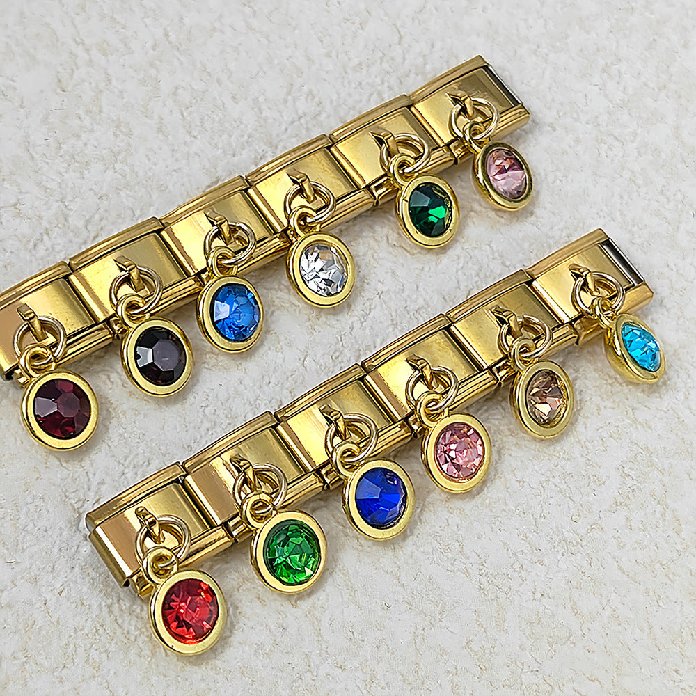 Colorful birthstone gold and silver base round pendant italian module stainless steel hook fashionable versatile bracelet