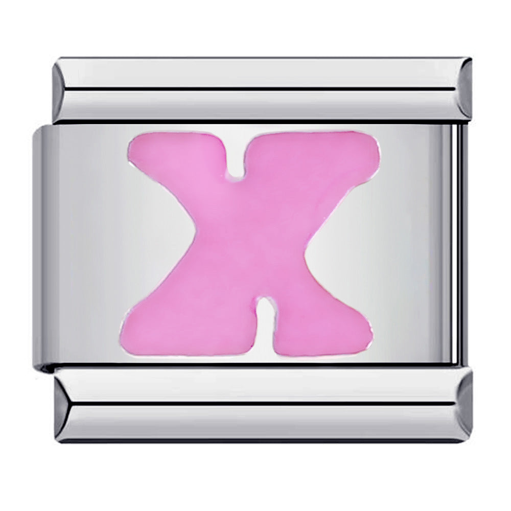 Pink Enamel Alphabet Stainless Steel Italian Charm Links