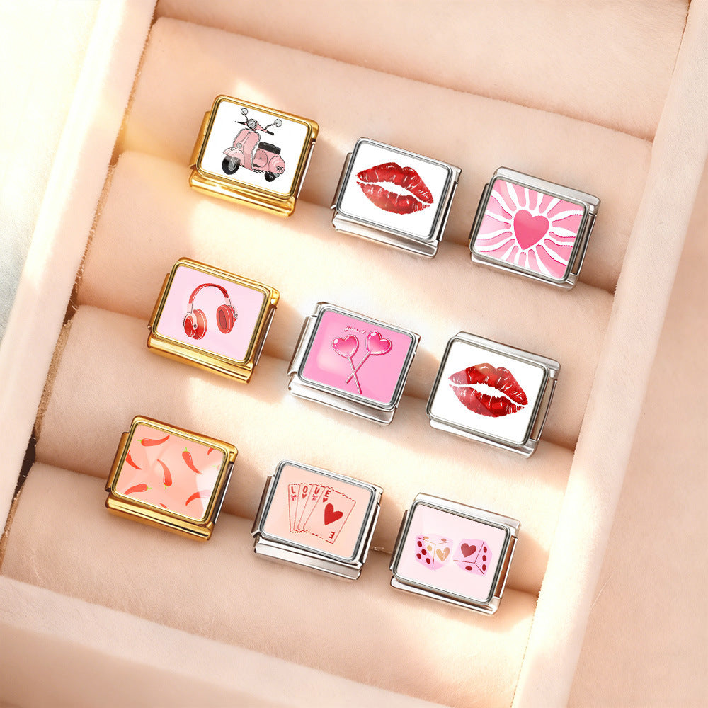 Pink italian modular bracelet - detachable stainless steel diy stretch bracelet - perfect gift for girls