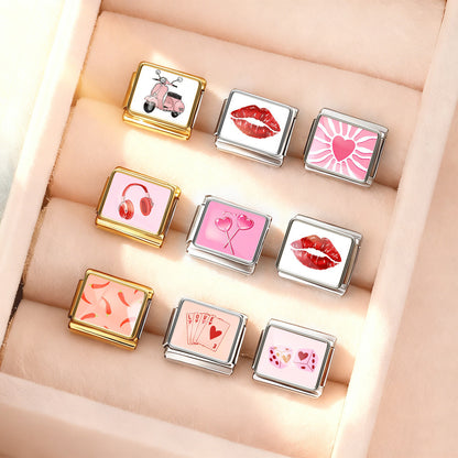 Pink italian modular bracelet - detachable stainless steel diy stretch bracelet - perfect gift for girls