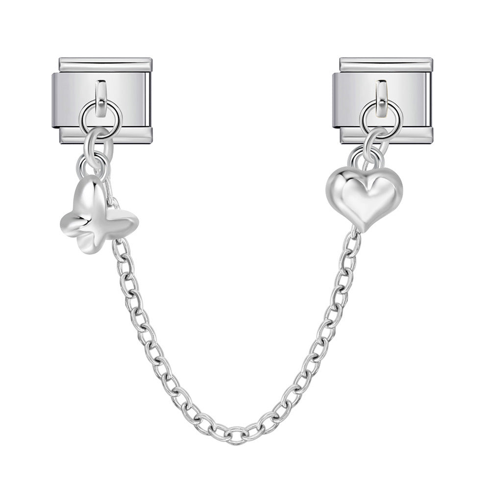 New silver double pendant italian modular bracelet - stainless steel hook diy stretchable link chain