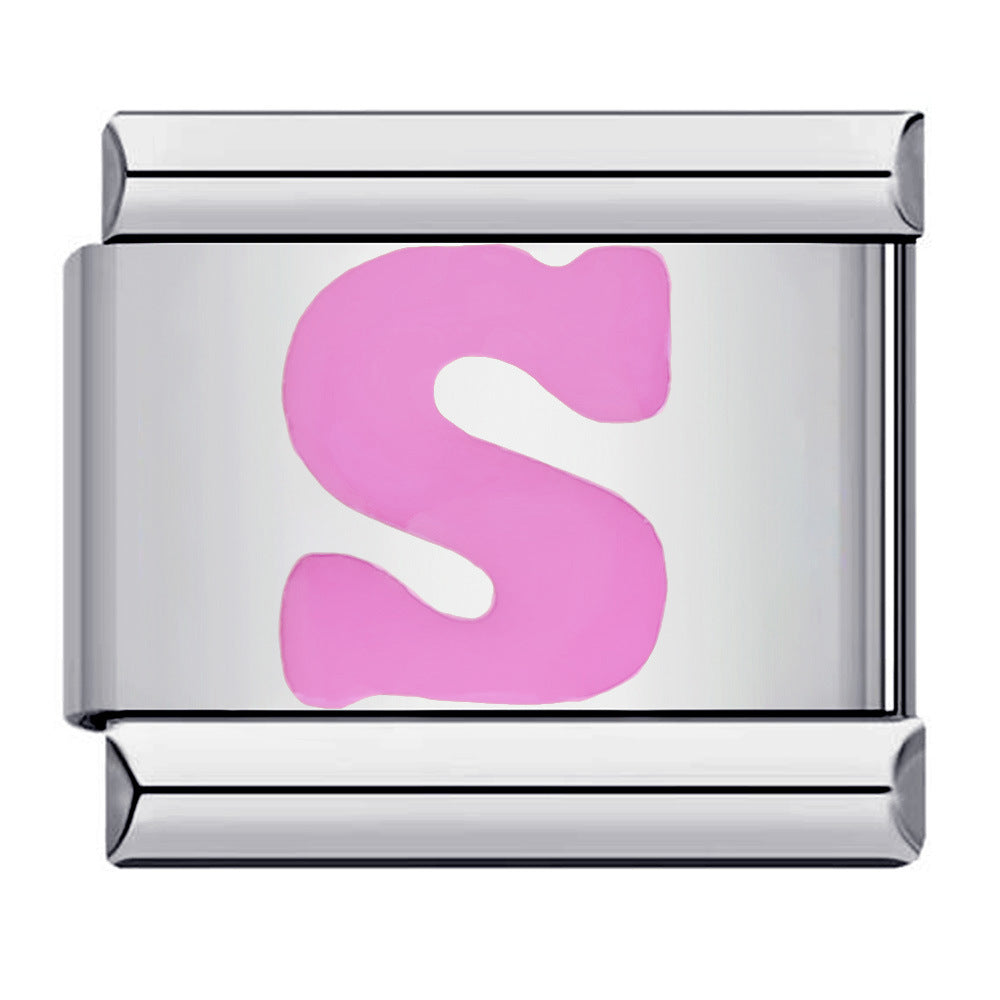 Pink Enamel Alphabet Stainless Steel Italian Charm Links