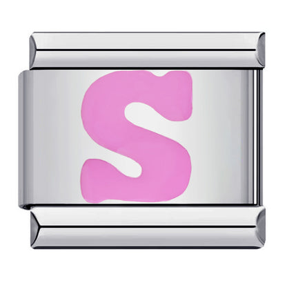 Pink Enamel Alphabet Stainless Steel Italian Charm Links