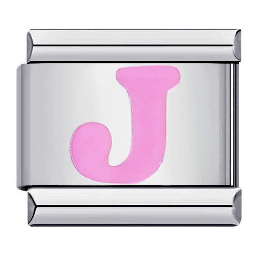 Pink Enamel Alphabet Stainless Steel Italian Charm Links