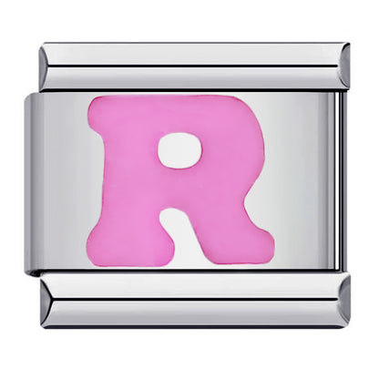 Pink Enamel Alphabet Stainless Steel Italian Charm Links