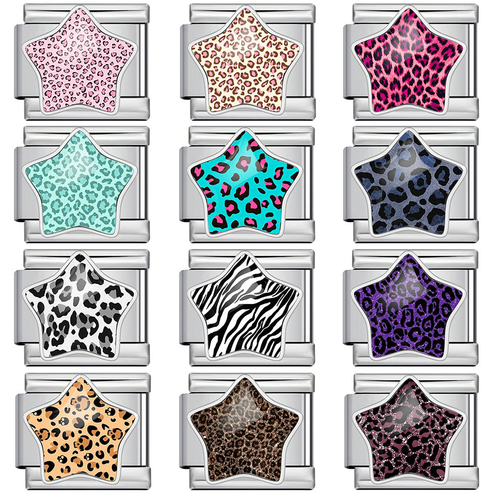 Leopard print star italian module bracelet - stainless steel diy detachable stretch bracelet gift