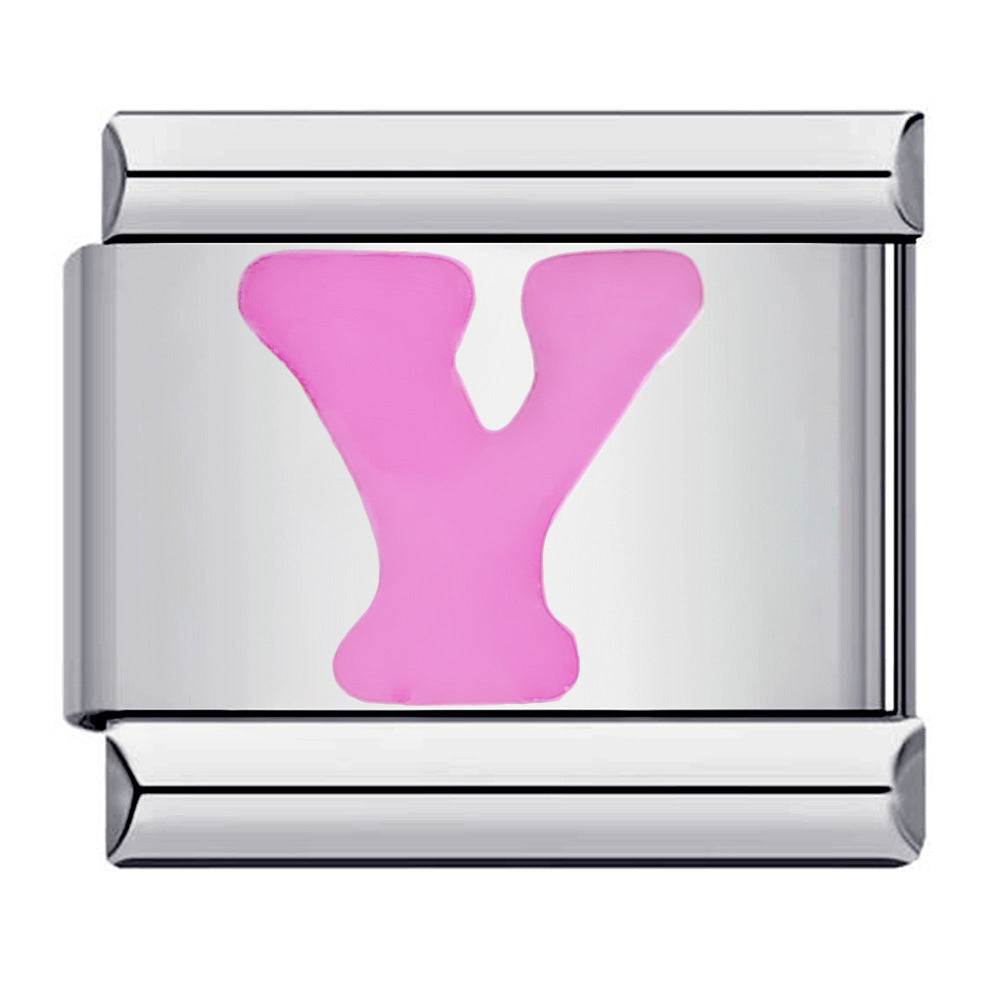 Pink Enamel Alphabet Stainless Steel Italian Charm Links