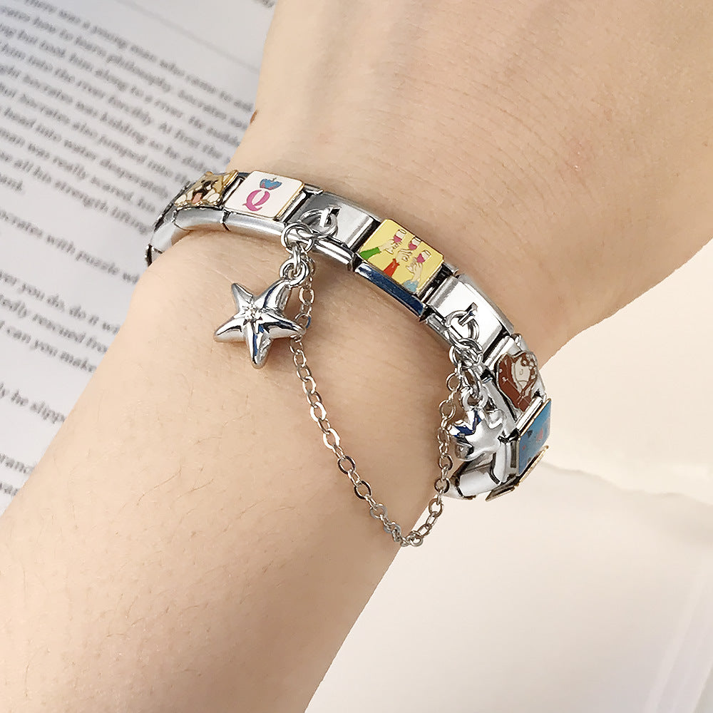 New silver double pendant italian modular bracelet - stainless steel hook diy stretchable link chain