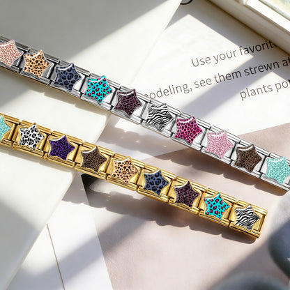 Leopard print star italian module bracelet - stainless steel diy detachable stretch bracelet gift