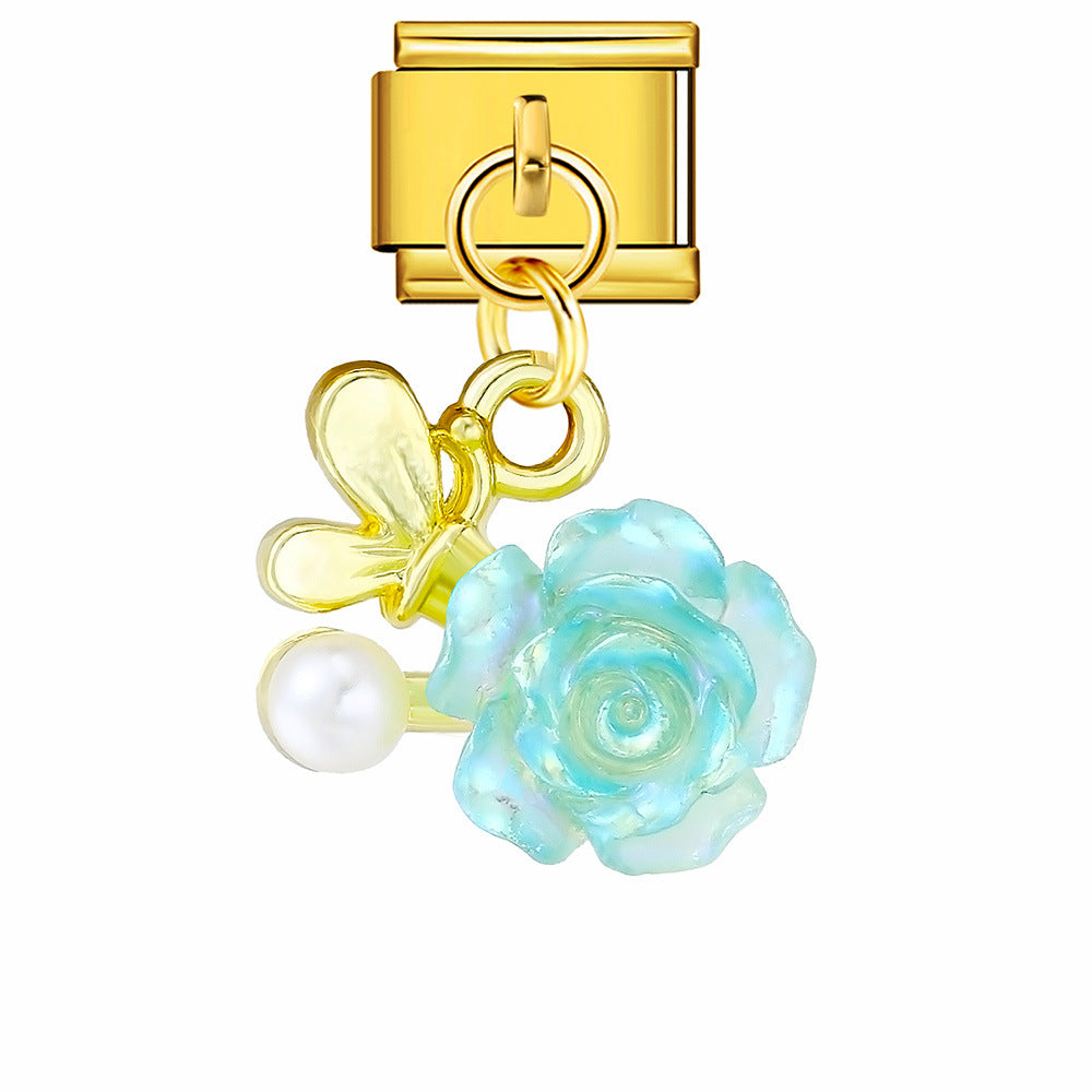 Love flower pendant Italian module bracelet, single hook stainless steel elastic splicing strap chain