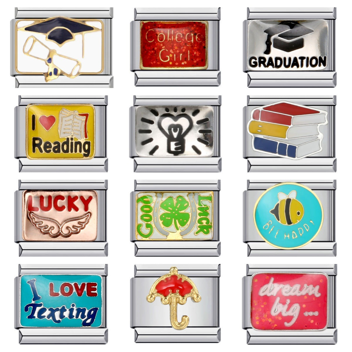 Student graduation pattern italian module diy stainless steel welding oil drop bracelet elastic patchwork strap chain