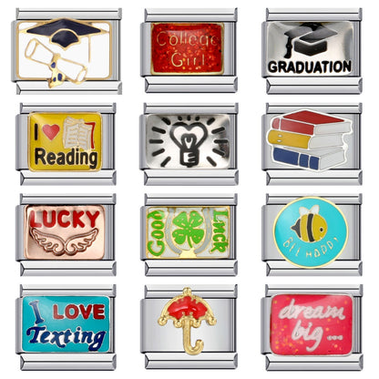 Student graduation pattern italian module diy stainless steel welding oil drop bracelet elastic patchwork strap chain