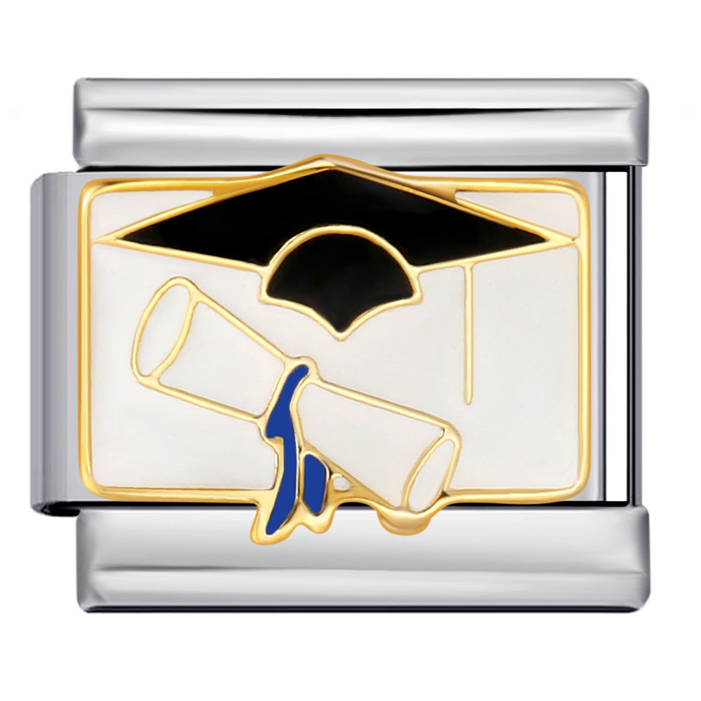 Student graduation pattern italian module diy stainless steel welding oil drop bracelet elastic patchwork strap chain