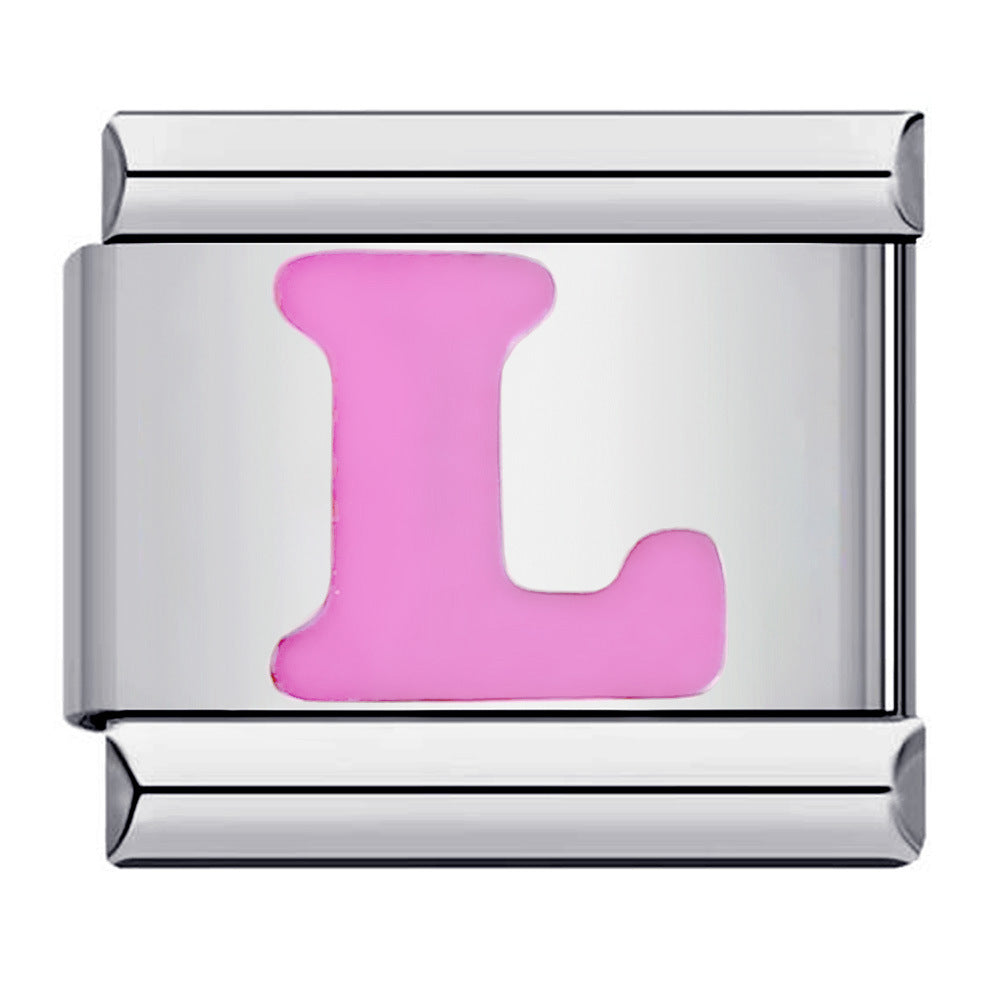 Pink Enamel Alphabet Stainless Steel Italian Charm Links