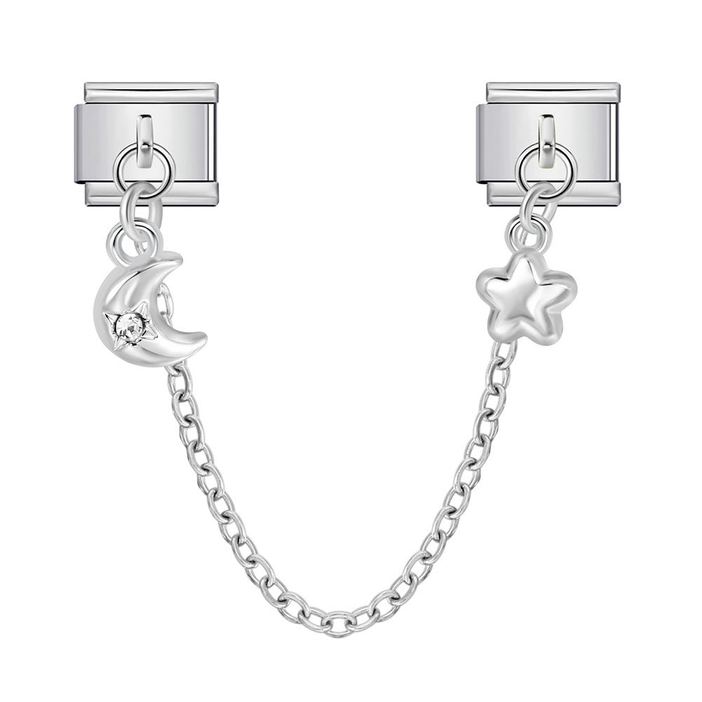 New silver double pendant italian modular bracelet - stainless steel hook diy stretchable link chain