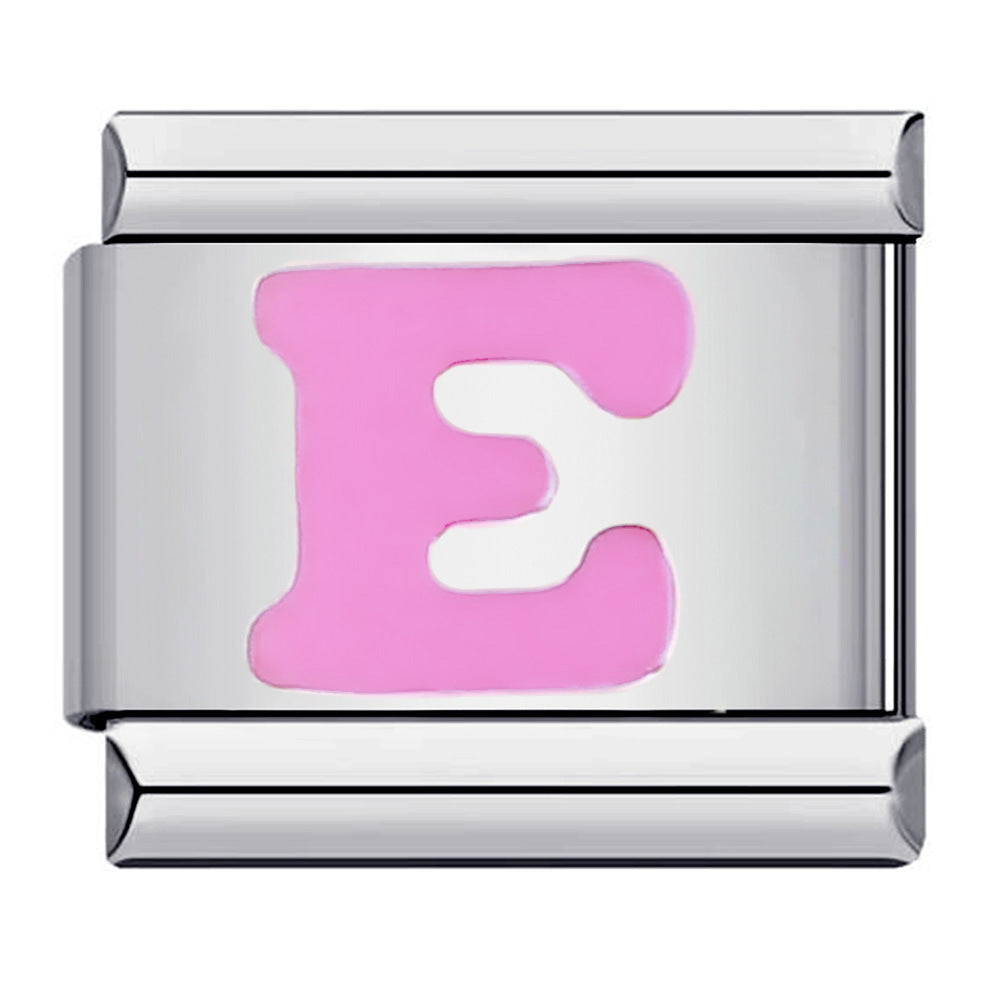Pink Enamel Alphabet Stainless Steel Italian Charm Links