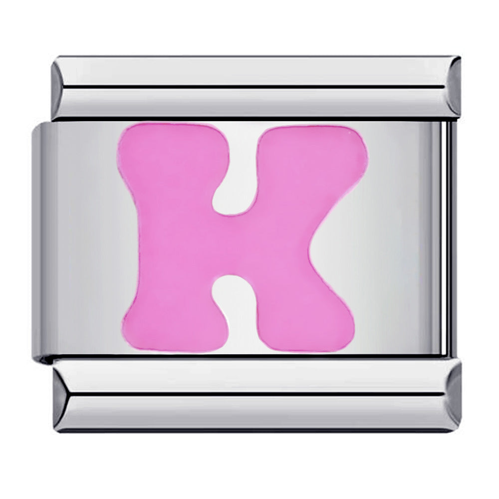 Pink Enamel Alphabet Stainless Steel Italian Charm Links