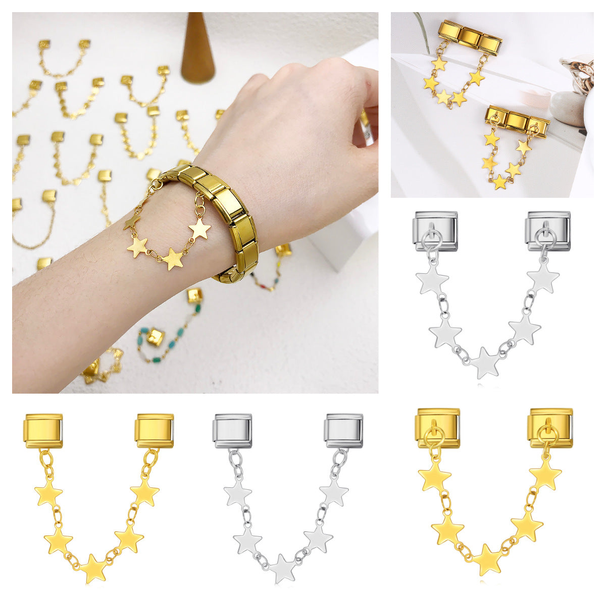 Double hook italian module five-pointed star pendant patchwork stainless steel watch strap chain italian charm