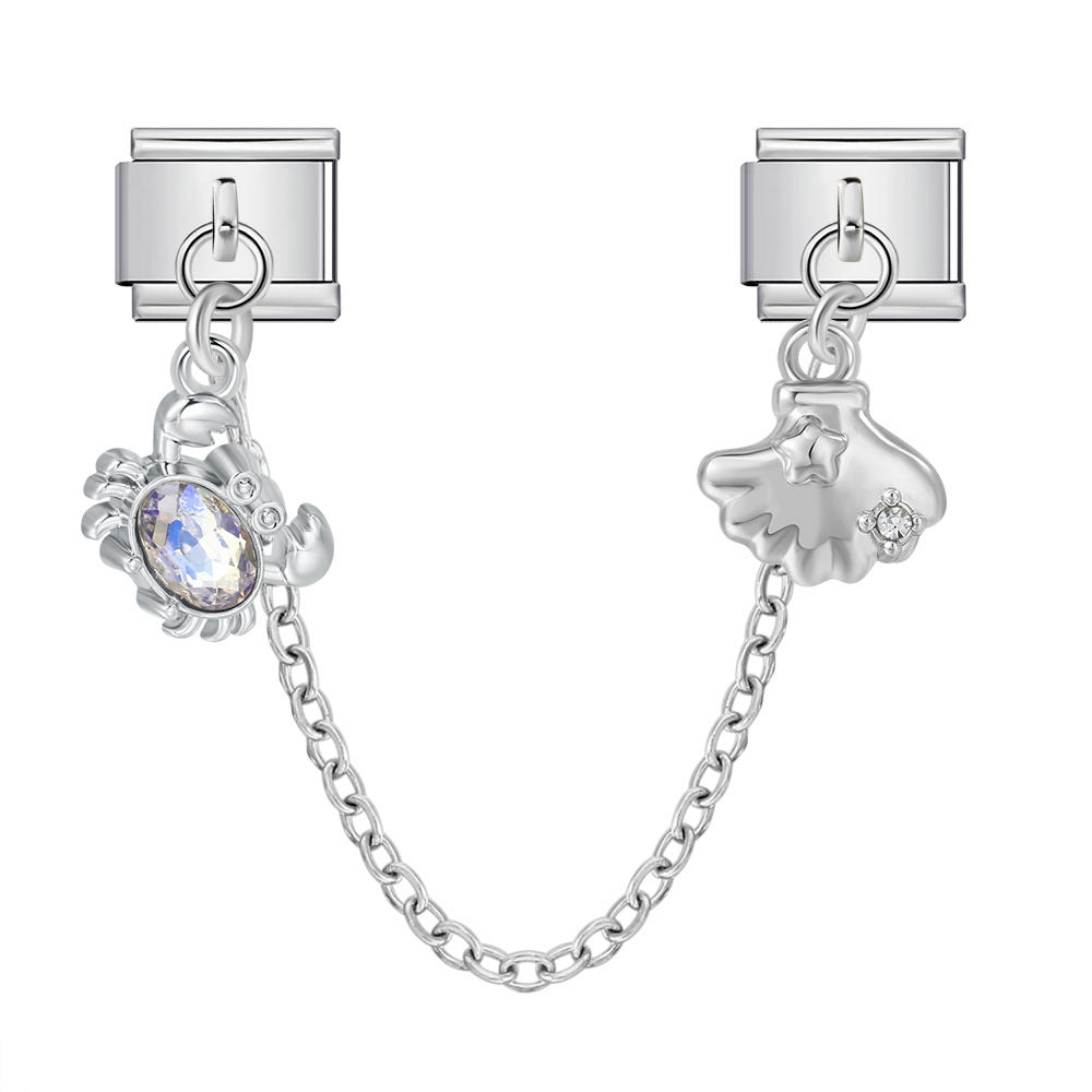 New silver double pendant italian modular bracelet - stainless steel hook diy stretchable link chain