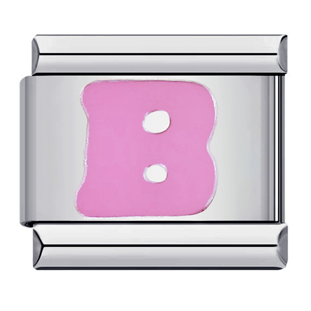Pink Enamel Alphabet Stainless Steel Italian Charm Links