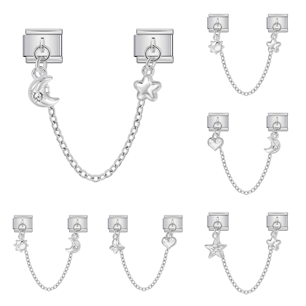New silver double pendant italian modular bracelet - stainless steel hook diy stretchable link chain
