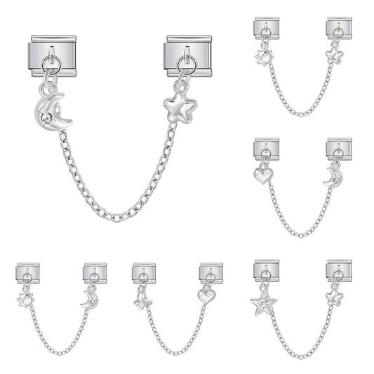 New silver double pendant italian modular bracelet - stainless steel hook diy stretchable link chain