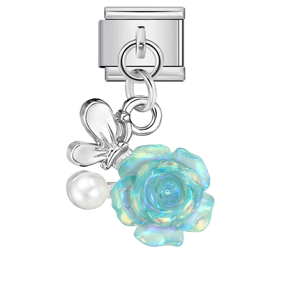 Love flower pendant Italian module bracelet, single hook stainless steel elastic splicing strap chain