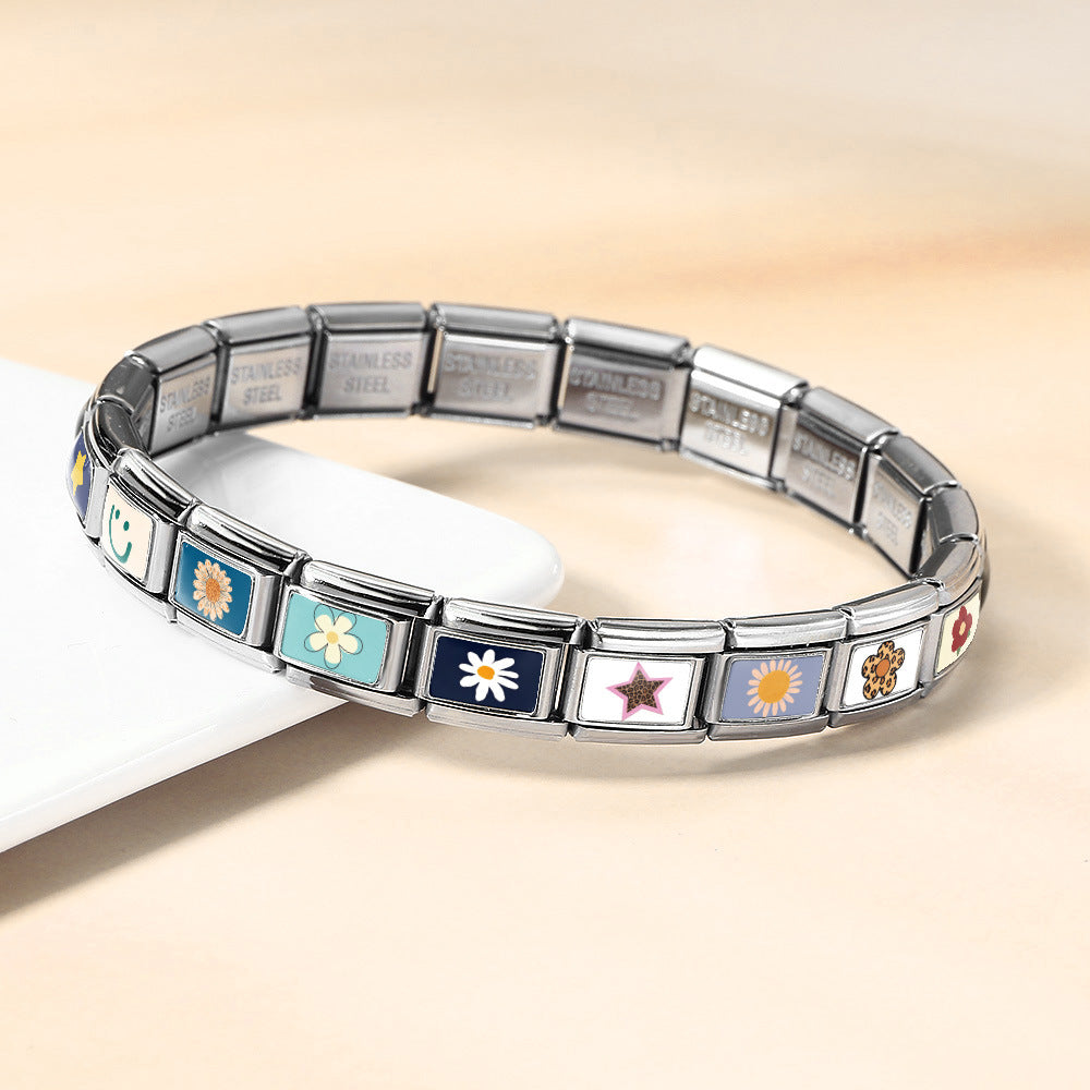 New arrival fresh pattern italian modular bracelet stainless steel flower smiley face pattern diy detachable bracelet
