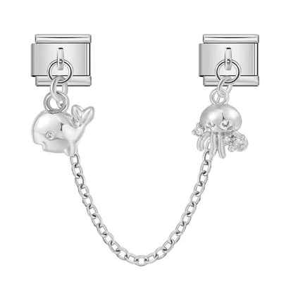 New silver double pendant italian modular bracelet - stainless steel hook diy stretchable link chain