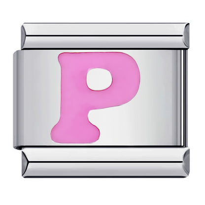Pink Enamel Alphabet Stainless Steel Italian Charm Links