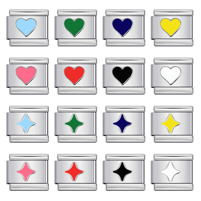 Colorful enamel heart & four-pointed star module bracelet - stainless steel stamped pattern diy customizable bracelet
