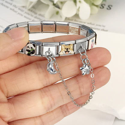 New silver double pendant italian modular bracelet - stainless steel hook diy stretchable link chain