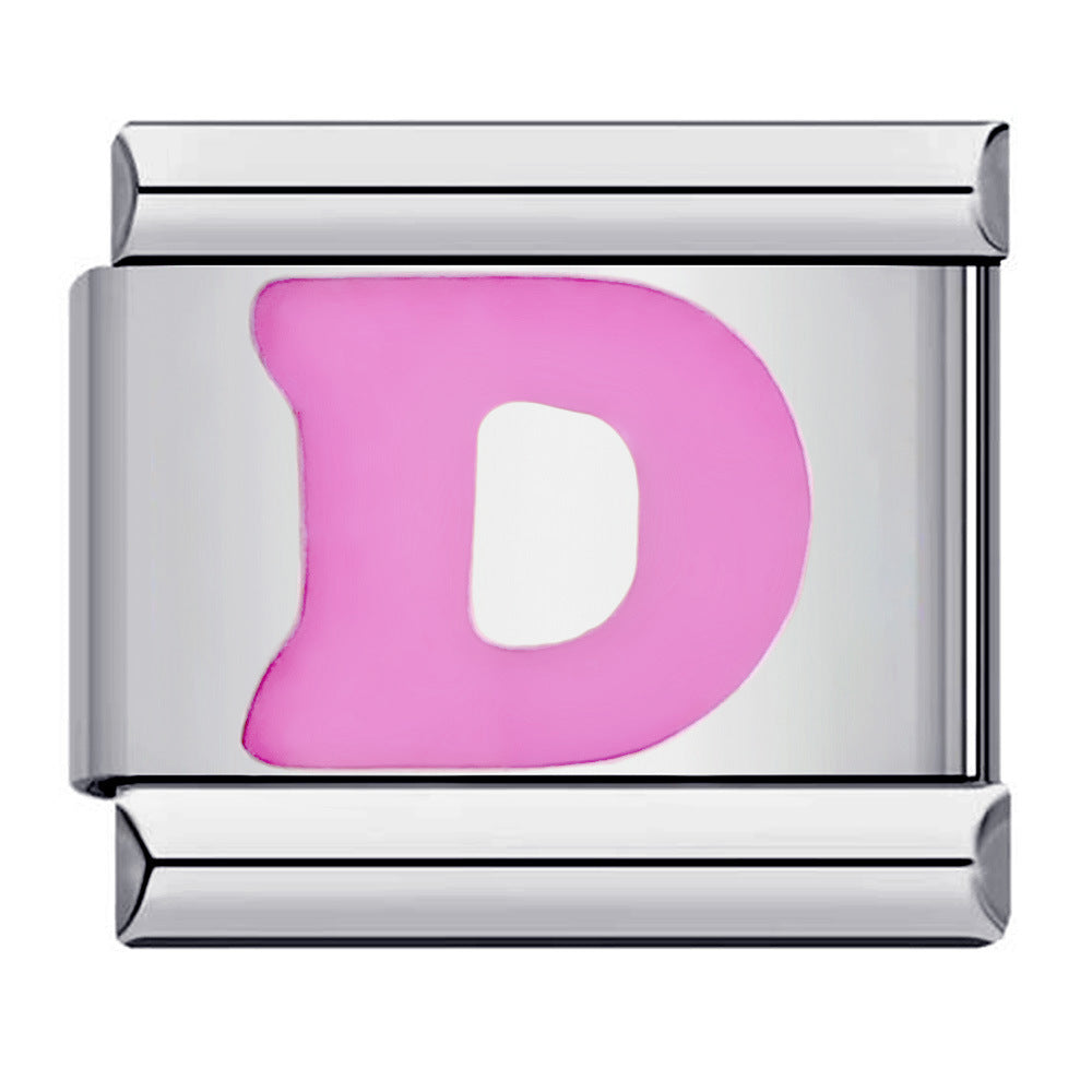 Pink Enamel Alphabet Stainless Steel Italian Charm Links