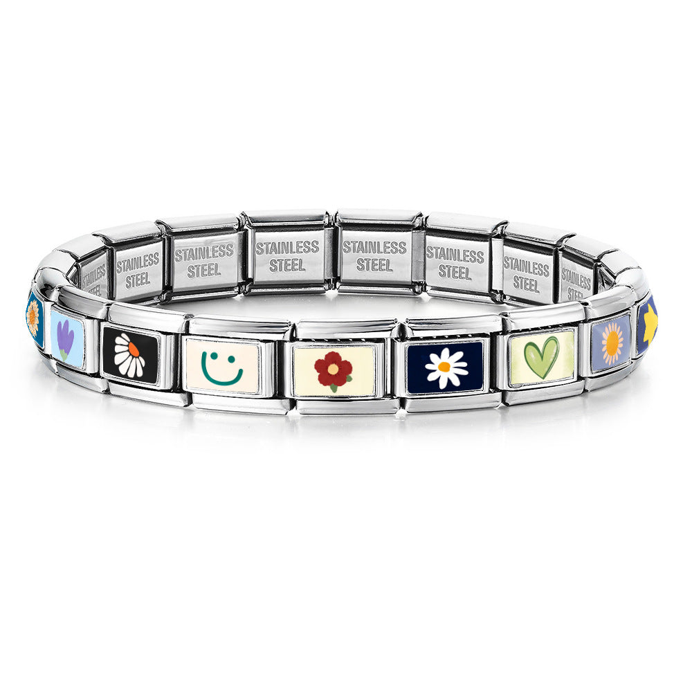 New arrival fresh pattern italian modular bracelet stainless steel flower smiley face pattern diy detachable bracelet