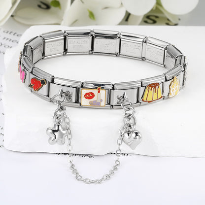 New silver double pendant italian modular bracelet - stainless steel hook diy stretchable link chain