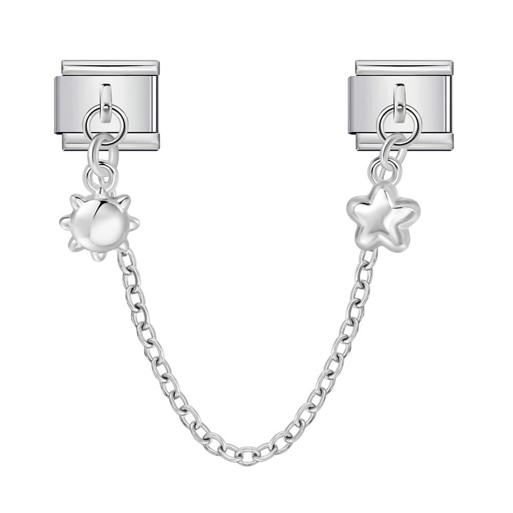 New silver double pendant italian modular bracelet - stainless steel hook diy stretchable link chain