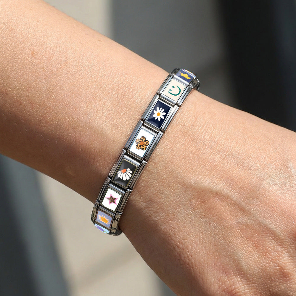 New arrival fresh pattern italian modular bracelet stainless steel flower smiley face pattern diy detachable bracelet