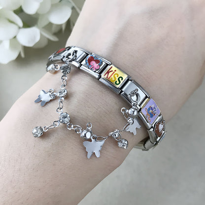 Butterfly and star pendant italian modular bracelet - stainless steel double hook diy stretch bracelet accessories
